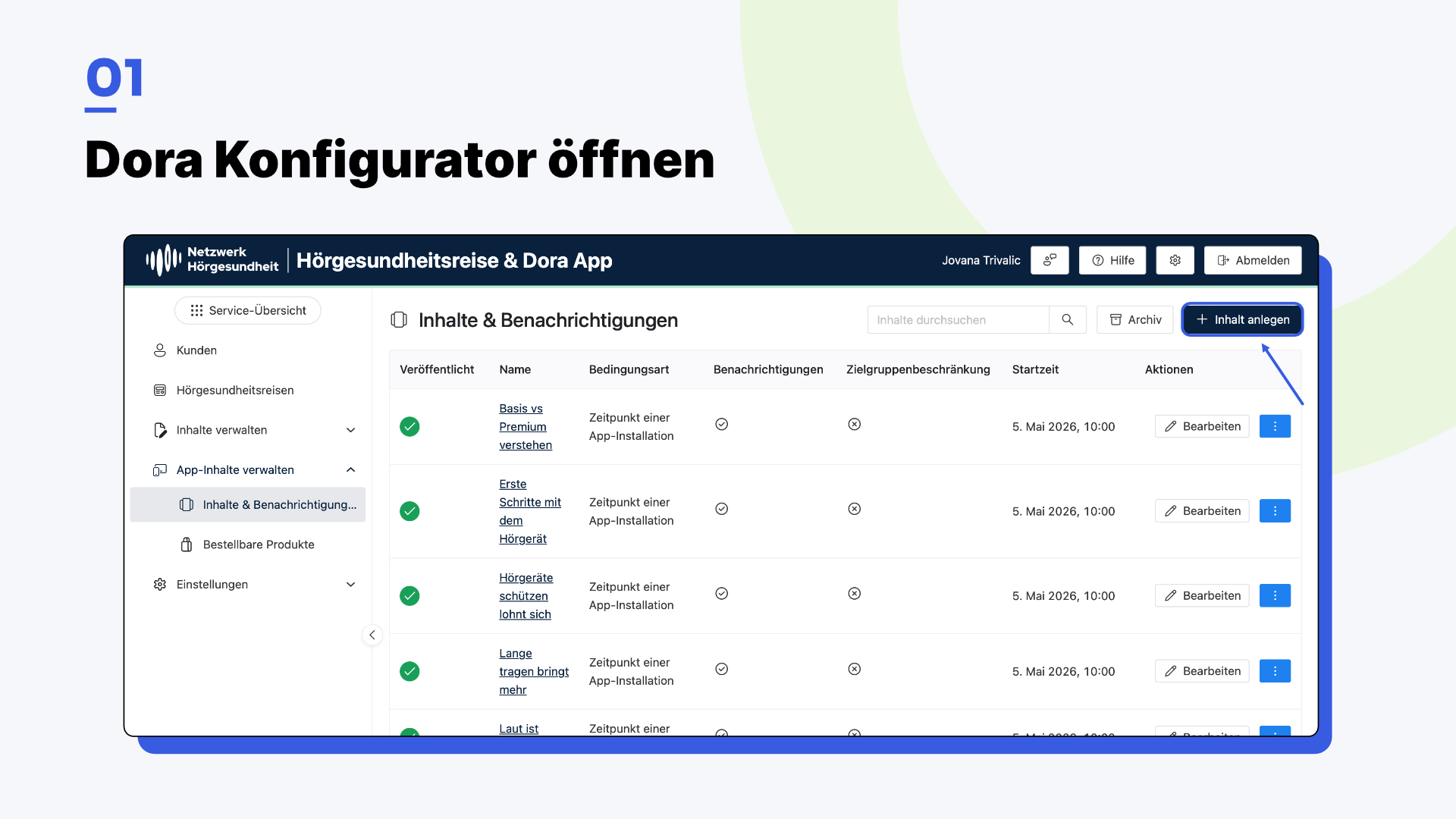 Dora Verwaltungsoberfläche: Bereich „Inhalte & Benachrichtigungen“ mit hervorgehobenem Button „Inhalt anlegen