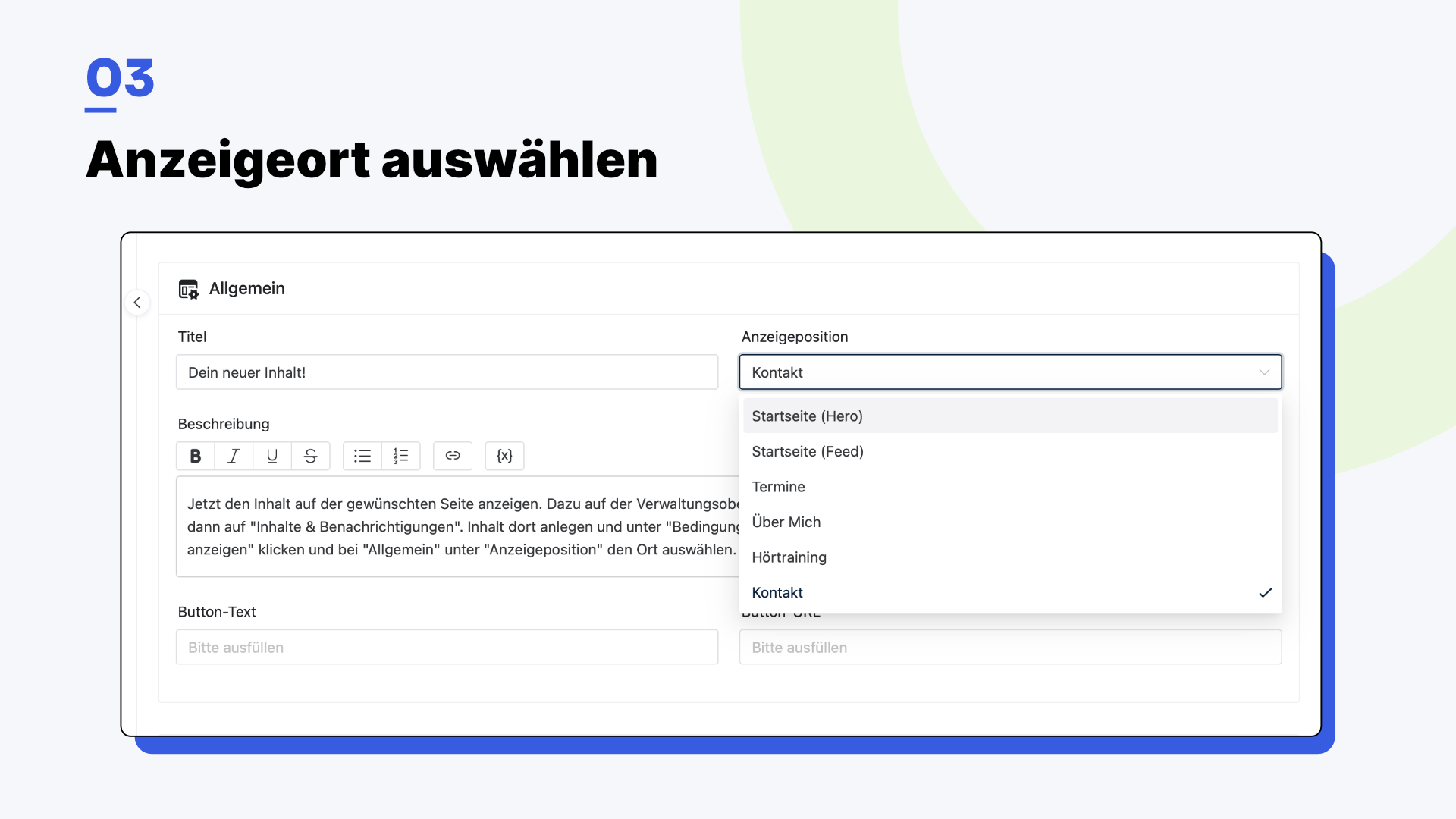 Schritt 3: Anzeigeort auswählen in der Dora Verwaltung
