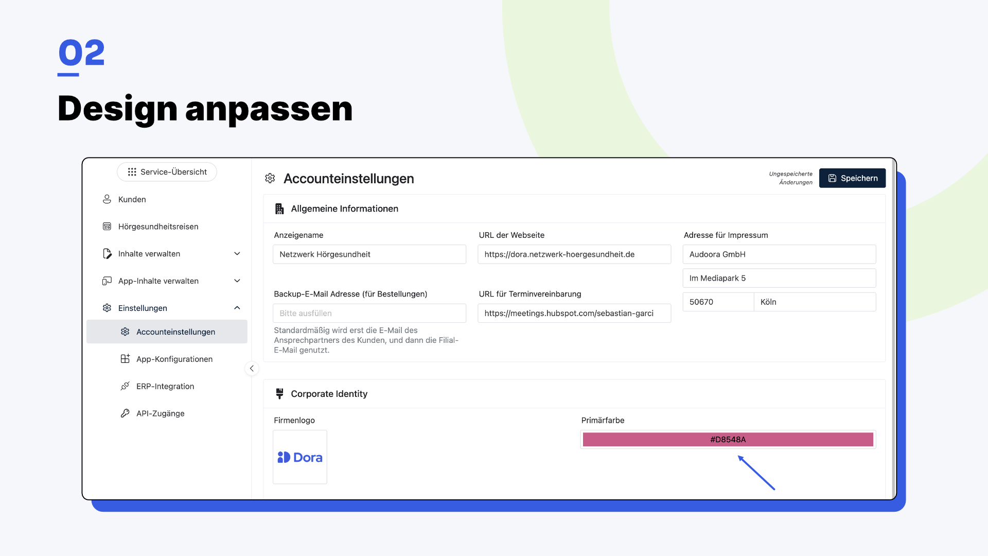 Dora Accounteinstellungen: Unternehmensdaten und Primärfarbe für den eigenen Markenauftritt