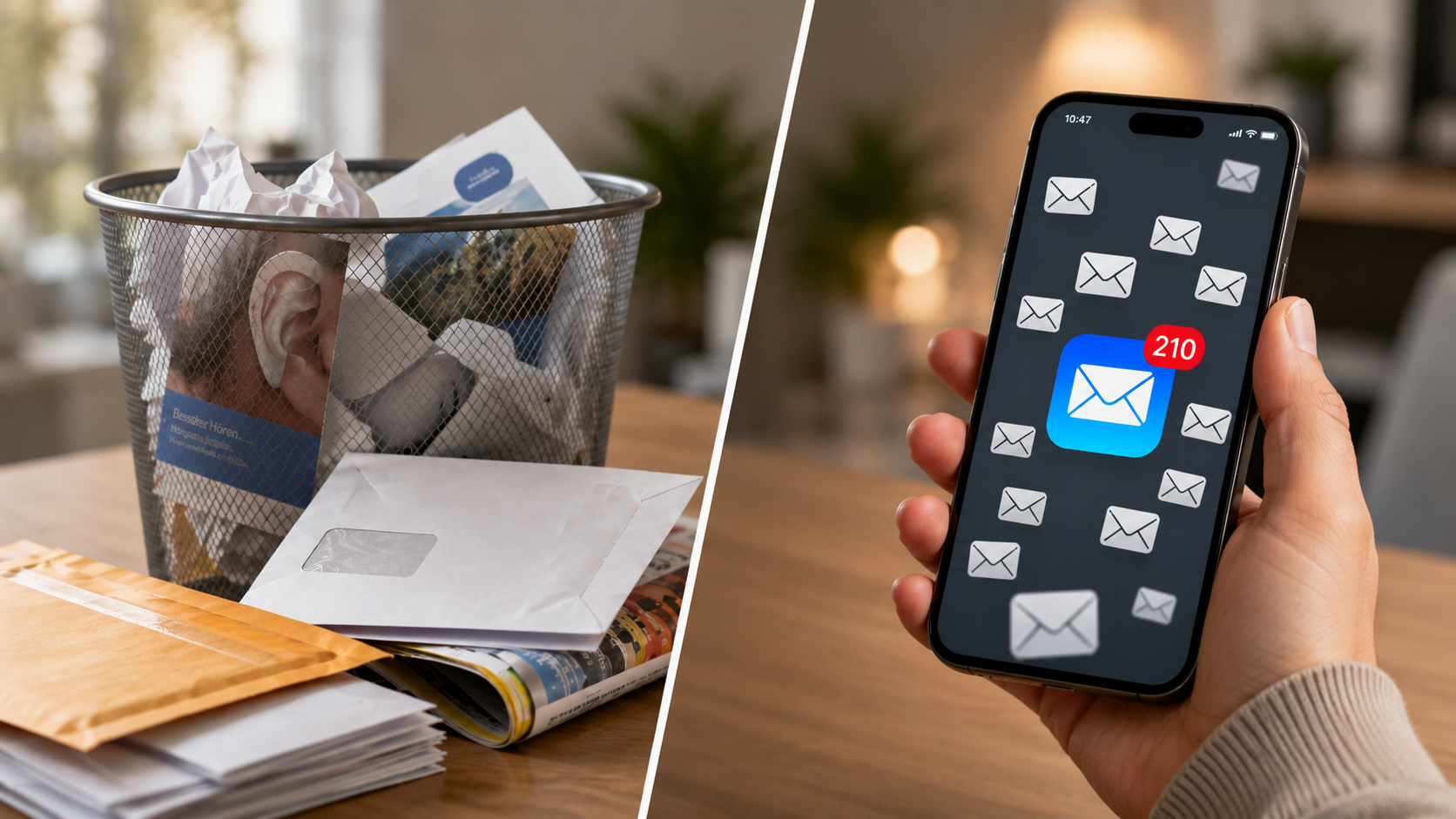 Werbeflyer im Papierkorb neben einem Smartphone mit überfülltem E-Mail-Posteingang
