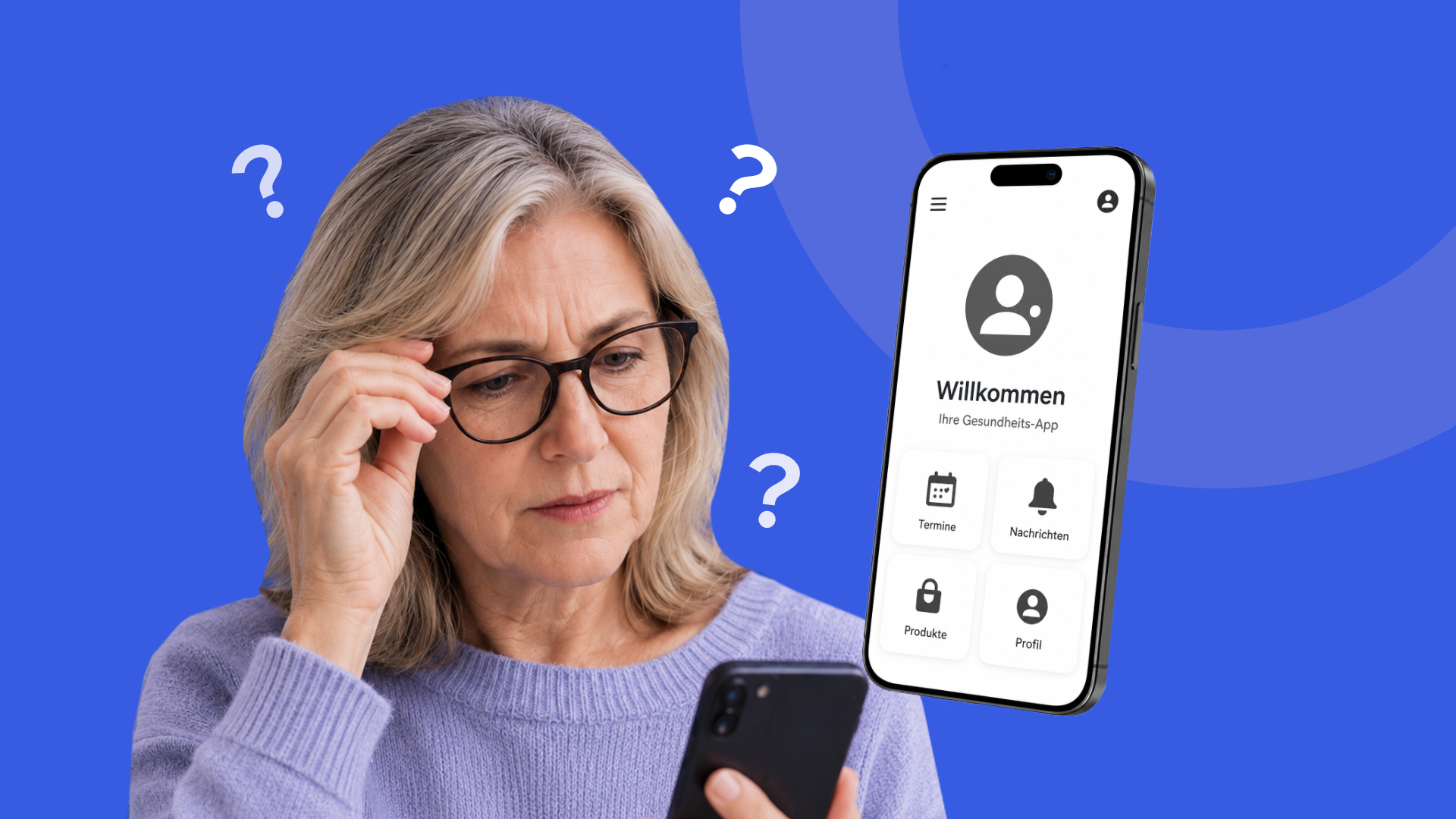 Skeptische Kundin betrachtet Smartphone mit fremdmarkiger App statt dem vertrauten Fachgeschäft