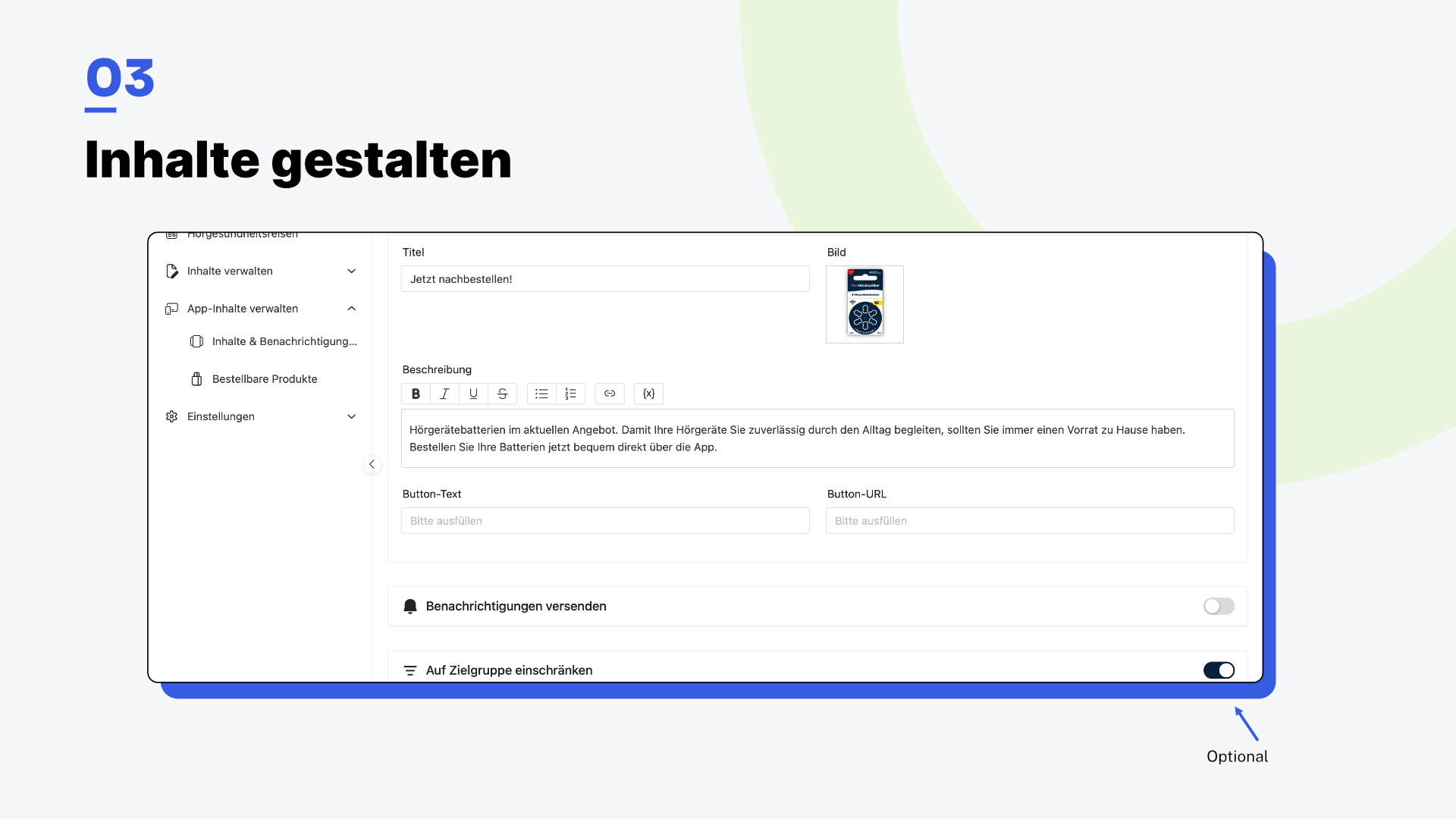 Dora Verwaltungsoberfläche: Inhalt gestalten mit Titel, Bild und Zielgruppenfilter